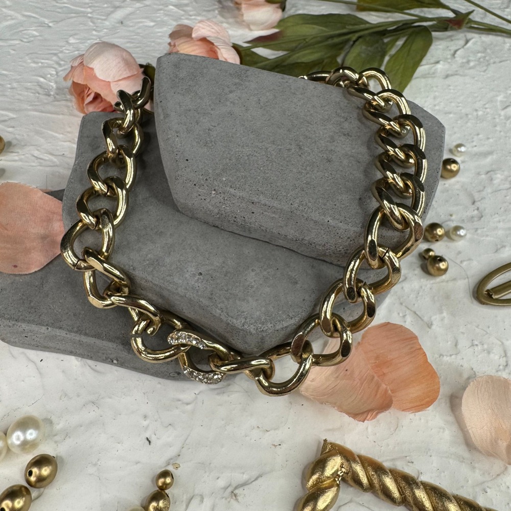 Chunky‎ Gold Tone Chain Necklace With Rhinestone Accents